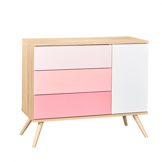 Commode 1 porte et 3 tiroirs Sauthon Seventies - Version tiroirs roses