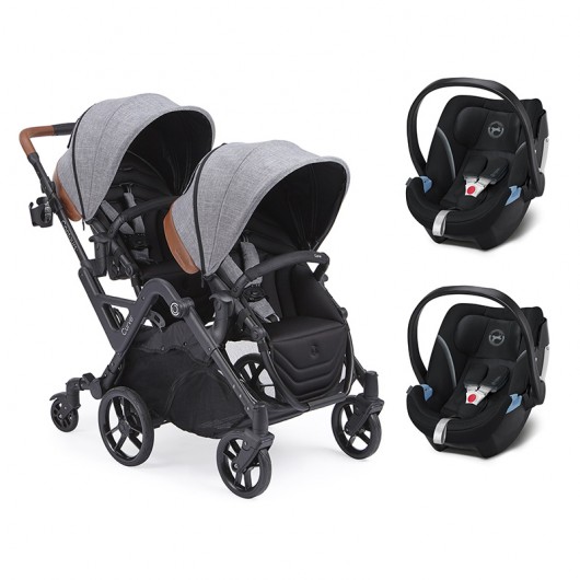 Poussette double Contours pas cher : Poussette double évolutive Contours  Curve Grise - 2 Coques Cybex Aton 5 Deep Black