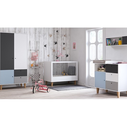 Chambre complète évolutive Vox Baby Concept White/Graphite/Grey/Sky blue, lit 70 x 140 cm + armoire 2 portes