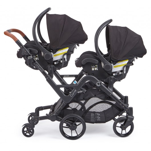 Poussette double Contours pas cher : Poussette double évolutive Contours  Curve Grise - 2 Coques Cybex Aton 5 Deep Black