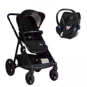 Poussette combinée Qtus DuetPro Plein Noir - Cadre noir 2020 - Coque Cybex Aton 5 Deep Black