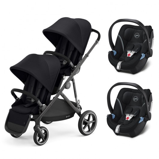 Poussette double évolutive Cybex Gazelle S - 2 coques Aton 5 Deep Black -  Châssis Black