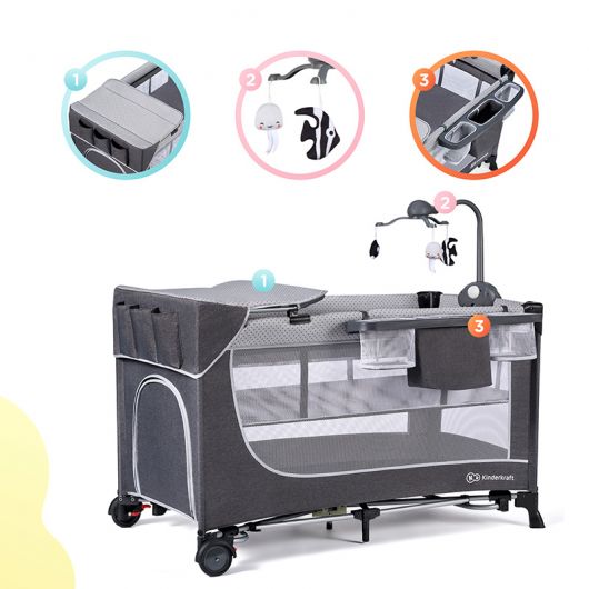 Lit parapluie Kinderkraft Leody Grey avec accessoires