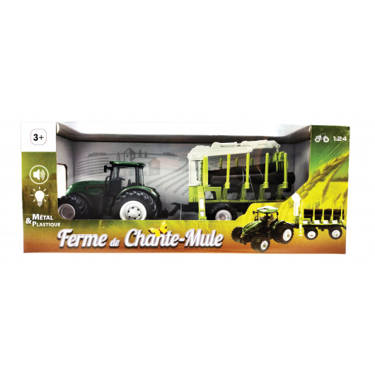 Tracteur 1:24 coque acier avec remorque forestière et 3 rondins de bois
