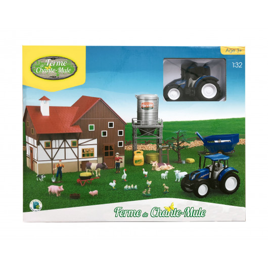 Coffret Ferme 1:32 avec tracteur NEW HOLLAND, bâtiment, tour silo à grain, animaux et fermiers