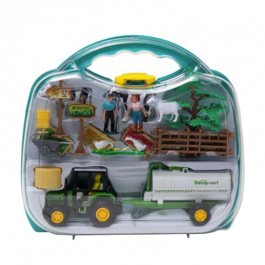 Valisette ferme avec tracteur, remorque, personnages, animaux et décors