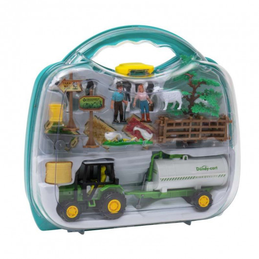 Valisette ferme avec tracteur, remorque, personnages, animaux et décors