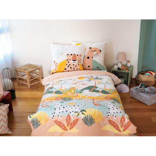 Parure de lit enfant Léopard - 100% coton adouci 57 fils - 140 x 200 cm