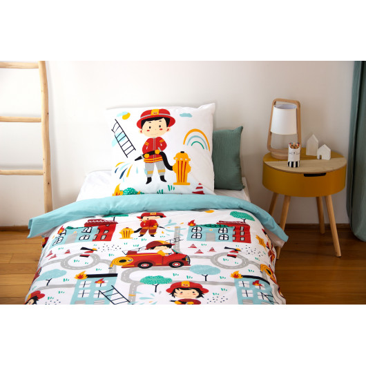 Parure de lit enfant Pompier - 100% coton adouci 57 fils - 140 x 200 cm