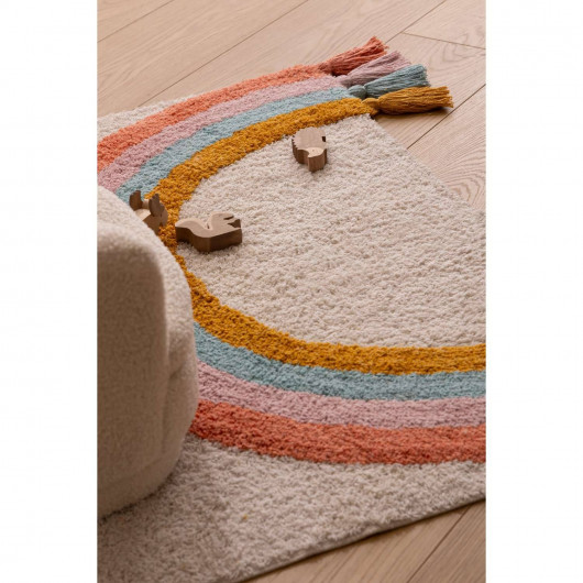 Tapis enfant rectangulaire à pompons Arc en ciel - 100 x 150 cm - Multicolore