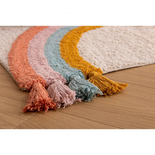 Tapis enfant rectangulaire à pompons Arc en ciel - 100 x 150 cm - Multicolore