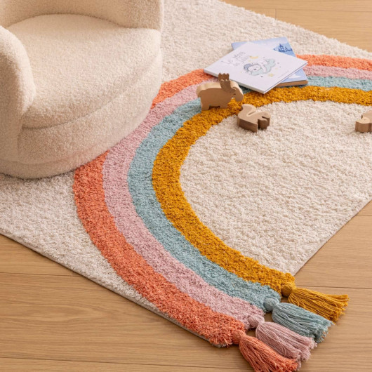 Tapis enfant rectangulaire à pompons Arc en ciel - 100 x 150 cm - Multicolore