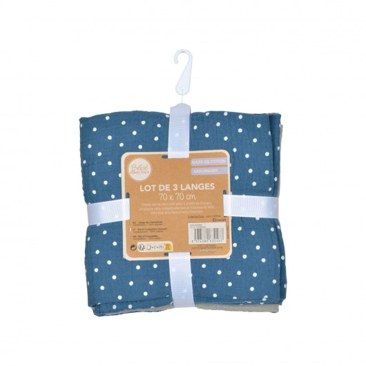Lot de 3 langes en gaze de coton - Bleu foncé et gris