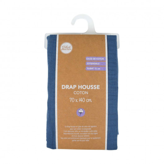 Drap housse en gaze de coton - 100% Coton - 70 x 140 cm - Bleu foncé