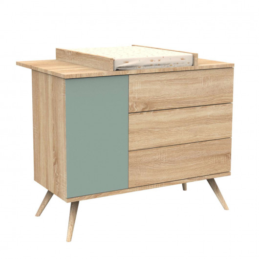 Commode 1 porte et 3 tiroirs Seventies - Sauthon - Sauge et marron