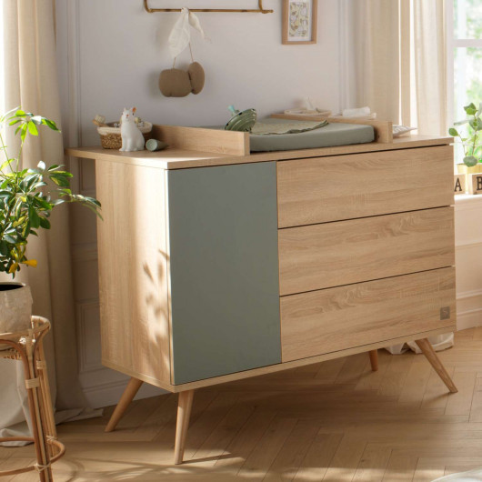 Commode 1 porte et 3 tiroirs Seventies - Sauthon - Sauge et marron