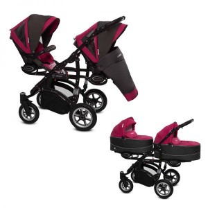 Poussette double Twinni Premium +  2 nacelles Fushia