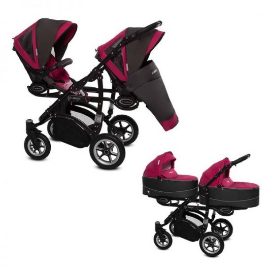 Poussette double Twinni Premium + 2 nacelles Fushia - Trippy - Cabriole bébé