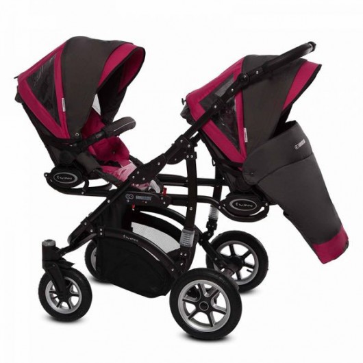 Poussette double Twinni Premium +  2 nacelles Fushia