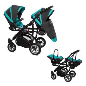 Poussette double Twinni Premium + 2 Sièges auto Tropic green