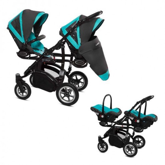 Poussette double Twinni Premium + 2 Sièges auto Tropic green