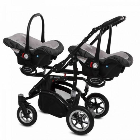 Poussette double Twinni Premium + 2 nacelles + 2 Sièges auto Silver