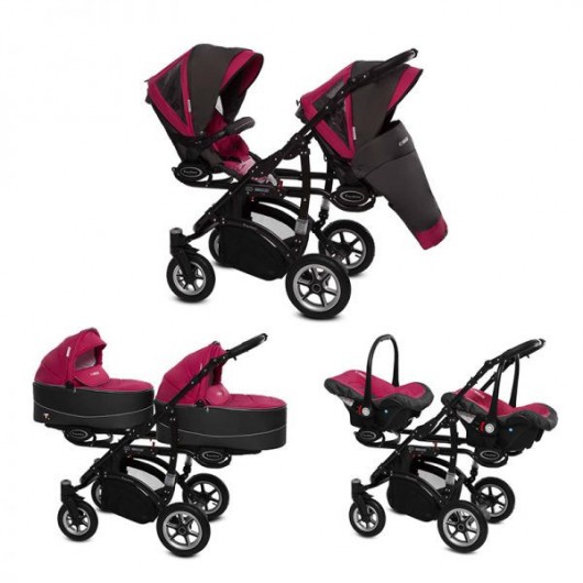 Poussette double Twinni Premium + 2 nacelles Fushia - Trippy - Cabriole bébé