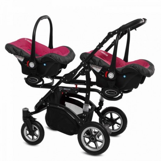 Poussette double Twinni Premium + 2 nacelles + 2 Sièges auto Fushia