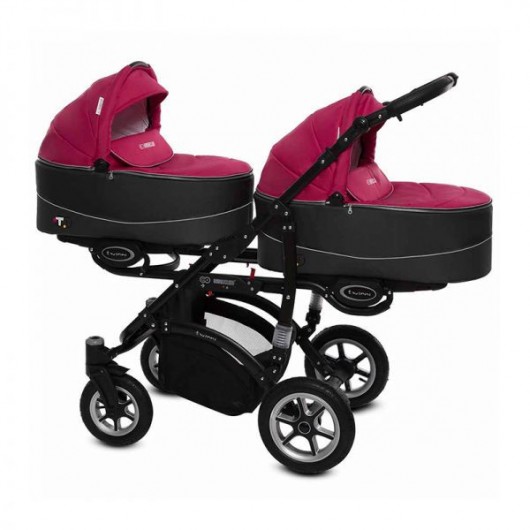 Poussette double Twinni Premium + 2 nacelles + 2 Sièges auto Fushia